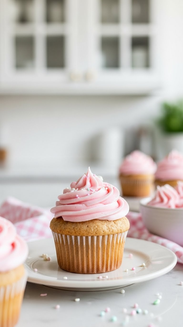 Elegantly Frosted Vegan Cupcake With Sprinkles, Showcasing High Rise And Stable Crumb Texture From Arrowroot Powder.
