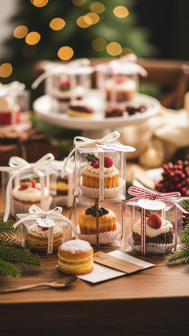 Elegantly Packaged Mini Cakes And Tiny Treats In Clear Display Boxes With Ribbons, Arranged Artfully For Gifting On Rustic Wooden Table.