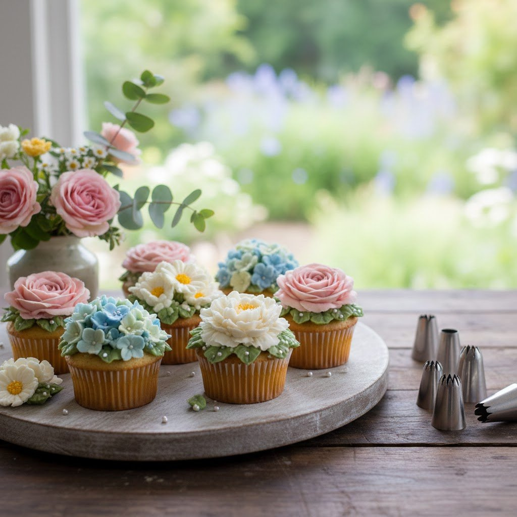 Elegantly Piped Floral Cupcakes With Buttercream Flowers In Soft Pastel Shades For Garden Party Aesthetic
