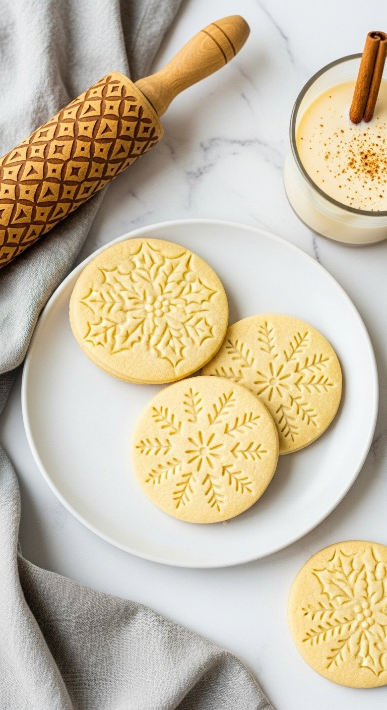 Embossed Eggnog Sugar Cookies With Intricate Snowflake And Holly Patterns, Pale Golden, On White Marble With Eggnog.