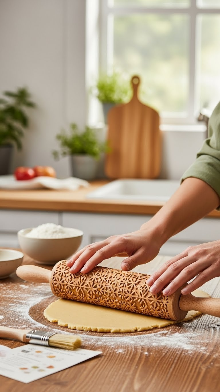 Embossed Rolling Pin Creating Patterned Impression On Cookie Dough On Rustic Wooden Baking Table