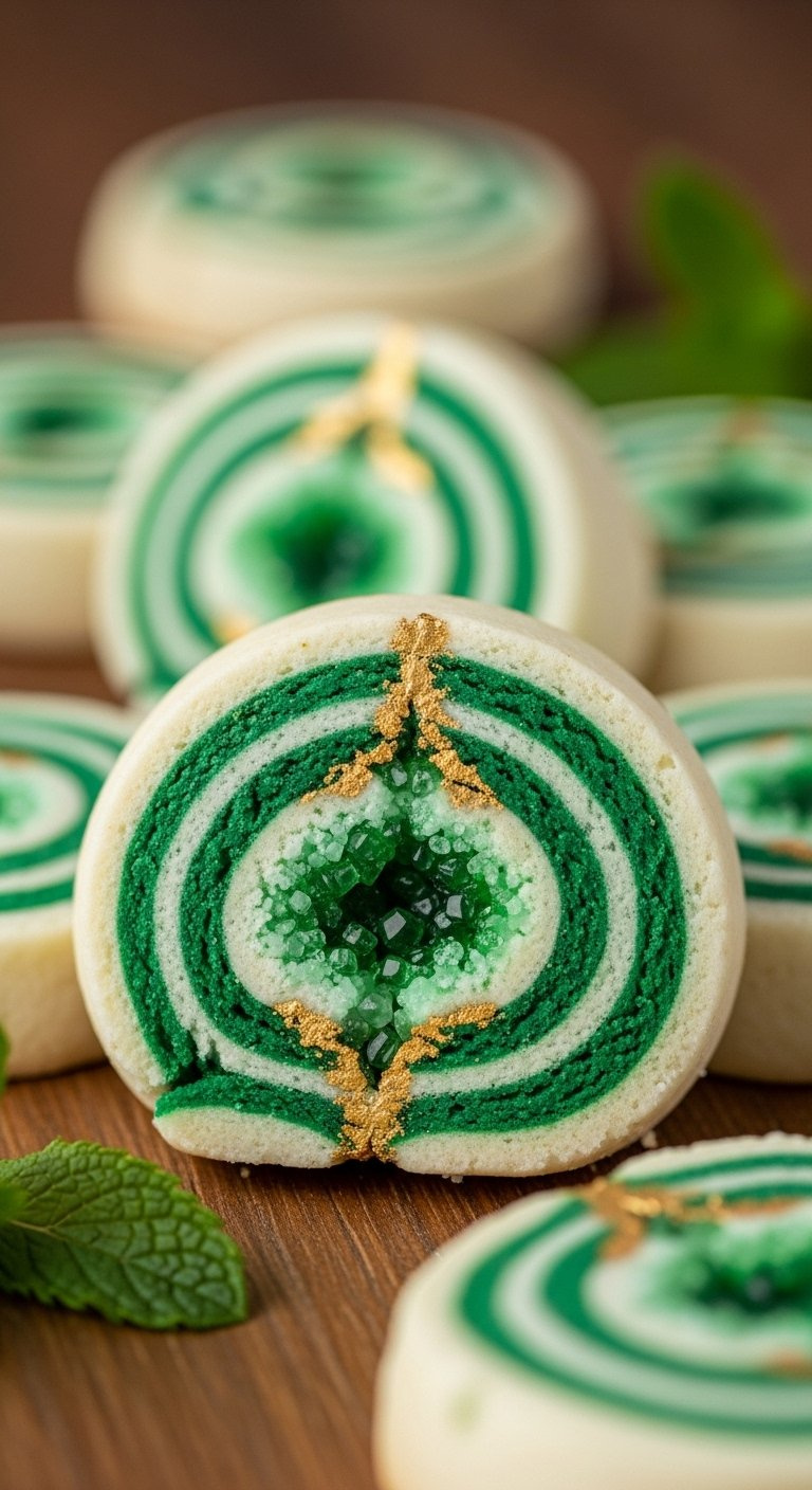 Emerald Green And Gold Geode Spiral Cookie With Rich Green Crystals And Gold Veins On Wood.