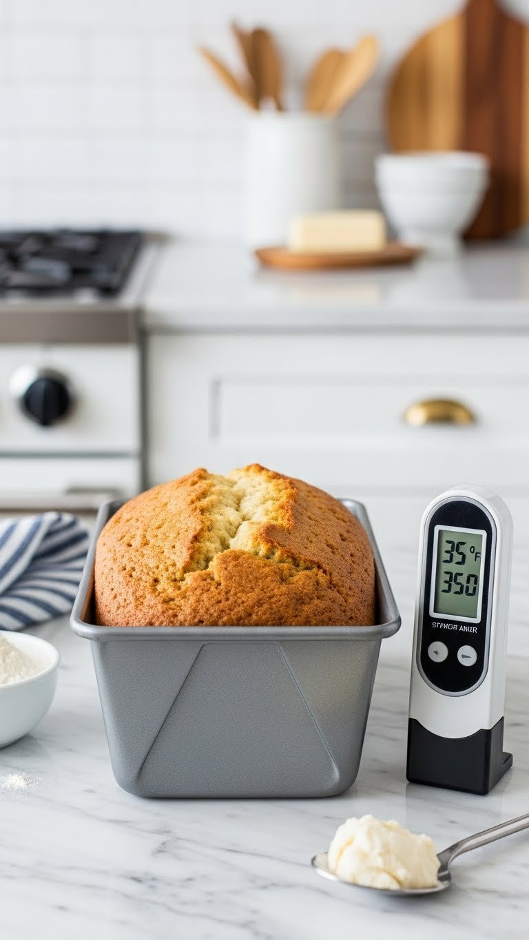 Empty Greased Loaf Pan Next To Oven Thermometer Ready For Baking Healthy Banana Bread At Precise Temperature