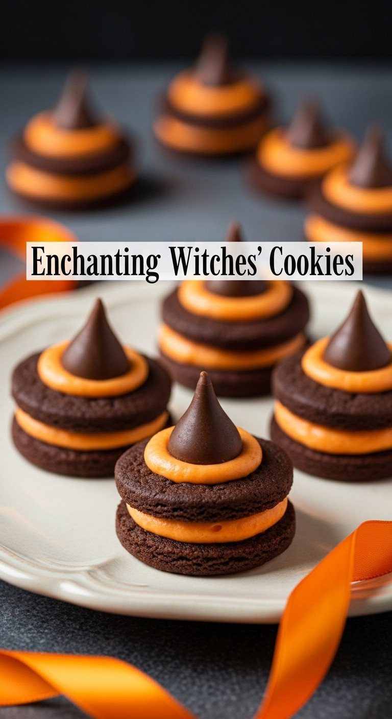 Enchanting Witches Hat Cookies On A Vintage Ceramic Plate With An Orange Ribbon In Soft Natural Window Light