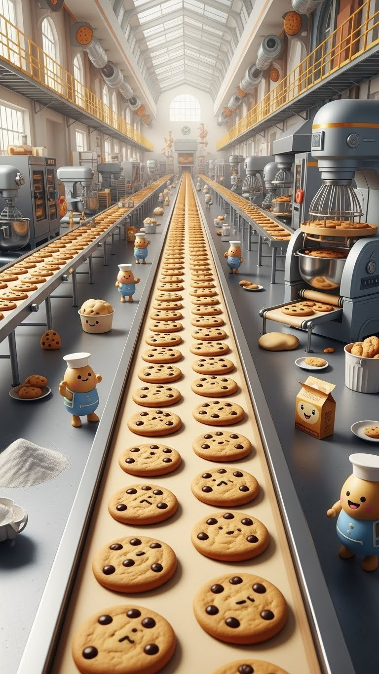 Endless Conveyor Belt Of Golden-Brown Cookies In Whimsical Cartoon Cookie Factory With Automated Machines