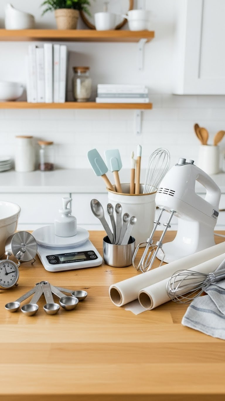 Essential Keto Baking Tools Including Digital Scale, Measuring Cups, And Hand Mixer Organized On Light Wooden Countertop