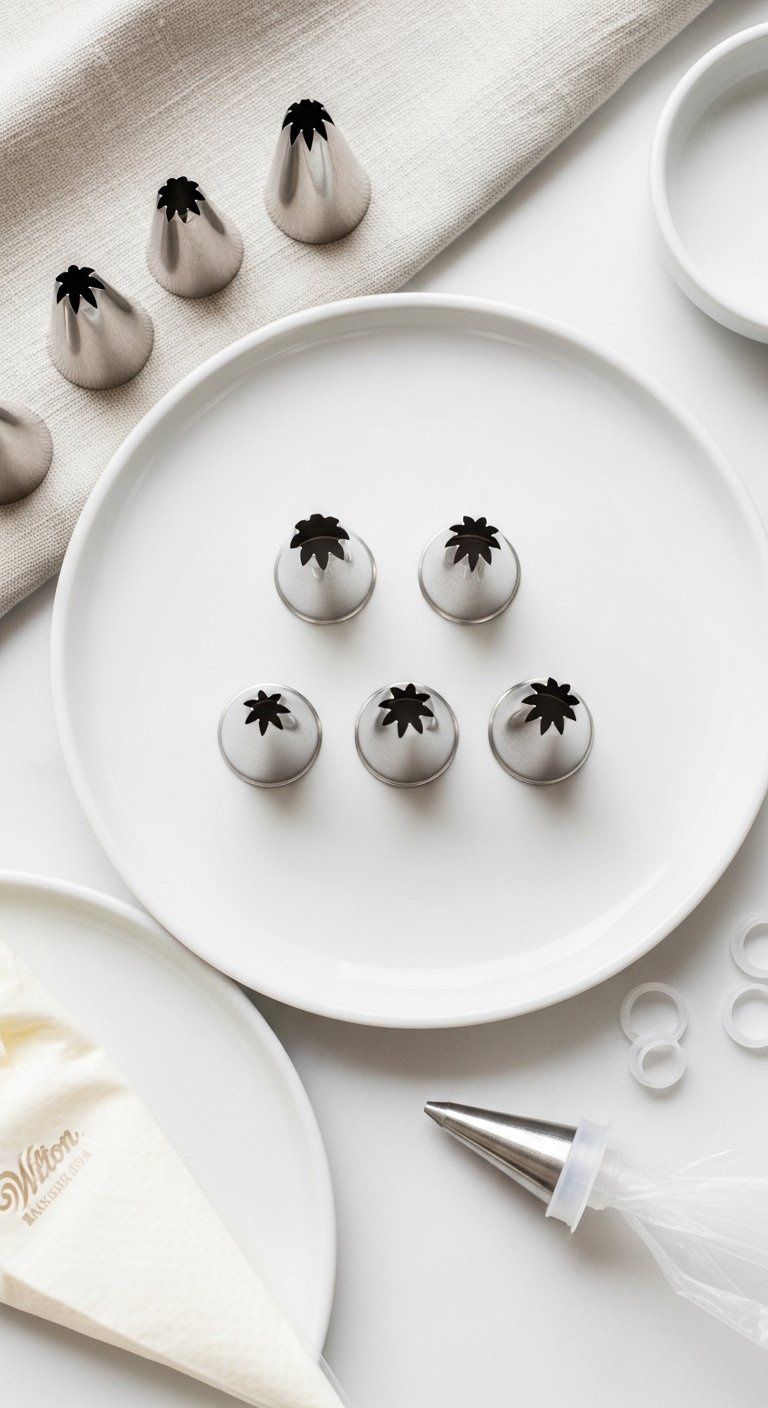 Essential Silver Wilton Decorating Tips Including Petal Star And Round Tips On A White Plate.