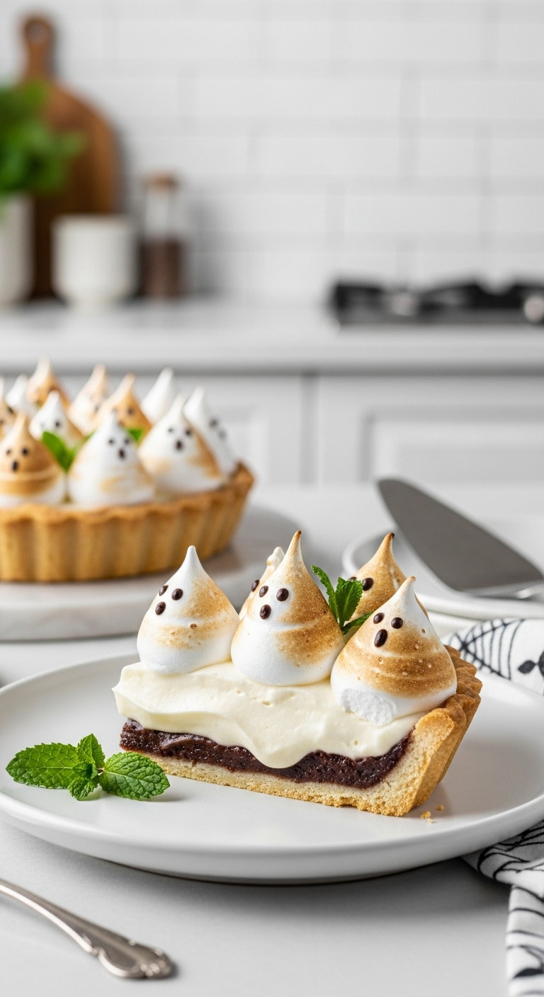 Ethereal Ghostly Meringue Cream Pie With Peaky Meringue Ghosts, Sugar Eyes, Creamy Filling, Golden Crust, White Plate.