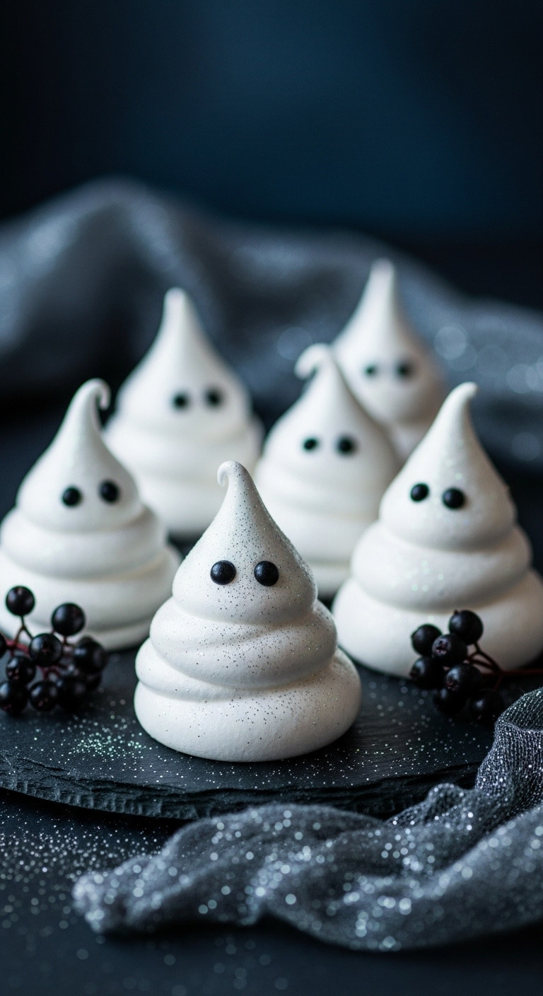 Ethereal White Meringue Ghost Cookies With Glitter And Black Candy Eyes On A Dark Slate Platter, Surrounded By Berries. Spooky Halloween Dessert.