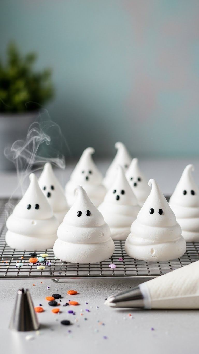 Ethereal White Meringue Ghosts With Black Cocoa Eyes Arranged Whimsically On Metallic Cooling Rack With Halloween Sprinkles