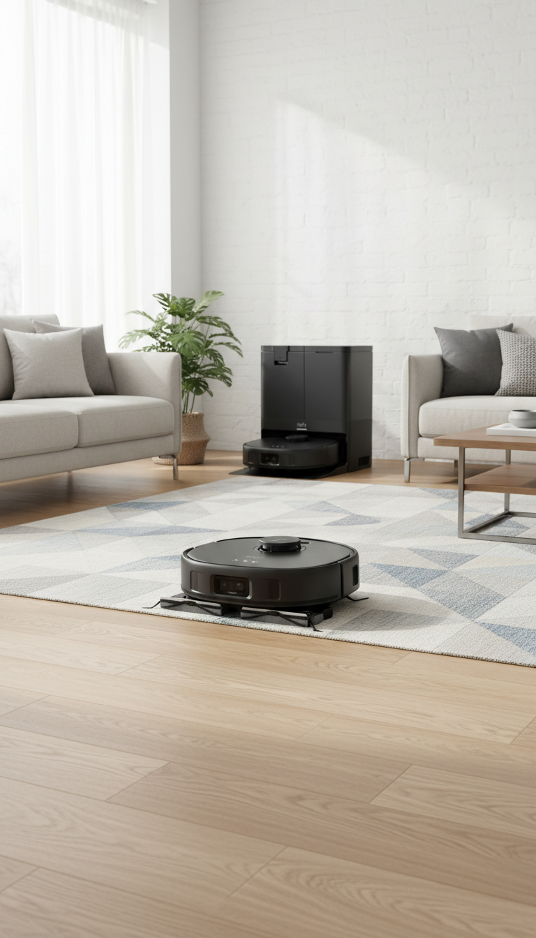 A Testing Setup Showing The Eufy X10 Pro Omni Navigating Around Common Household Obstacles Like A Power Strip, A Shoe, And A Pet Toy.