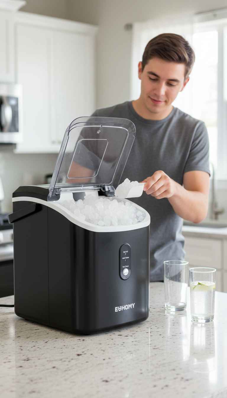 A Photo Showing The Euhomy Nugget Ice Maker On A Kitchen Counter Next To A Glass Of Ice, With A Phone Showing A Stopwatch In The Foreground.