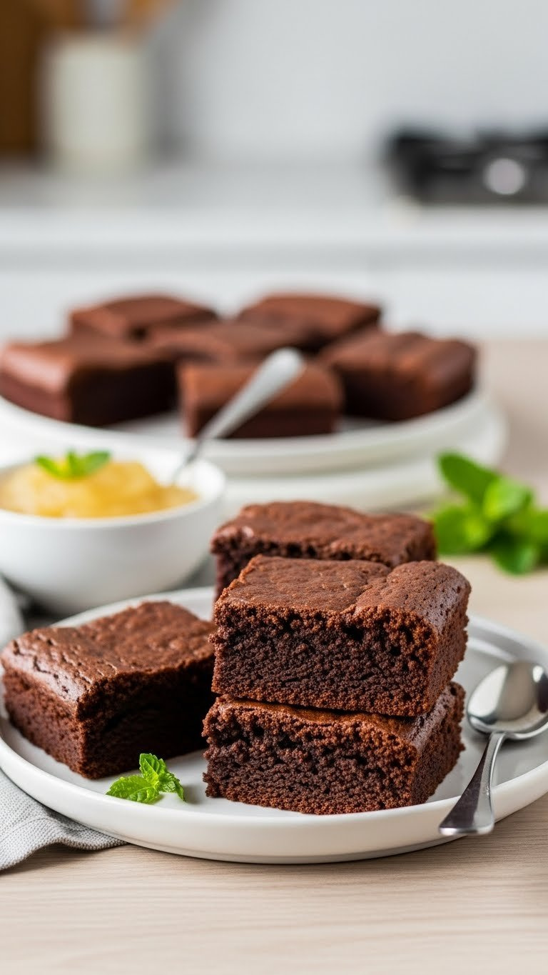 Exceptionally Moist Applesauce Brownies With Tender Crumb On Modern White Dessert Plate