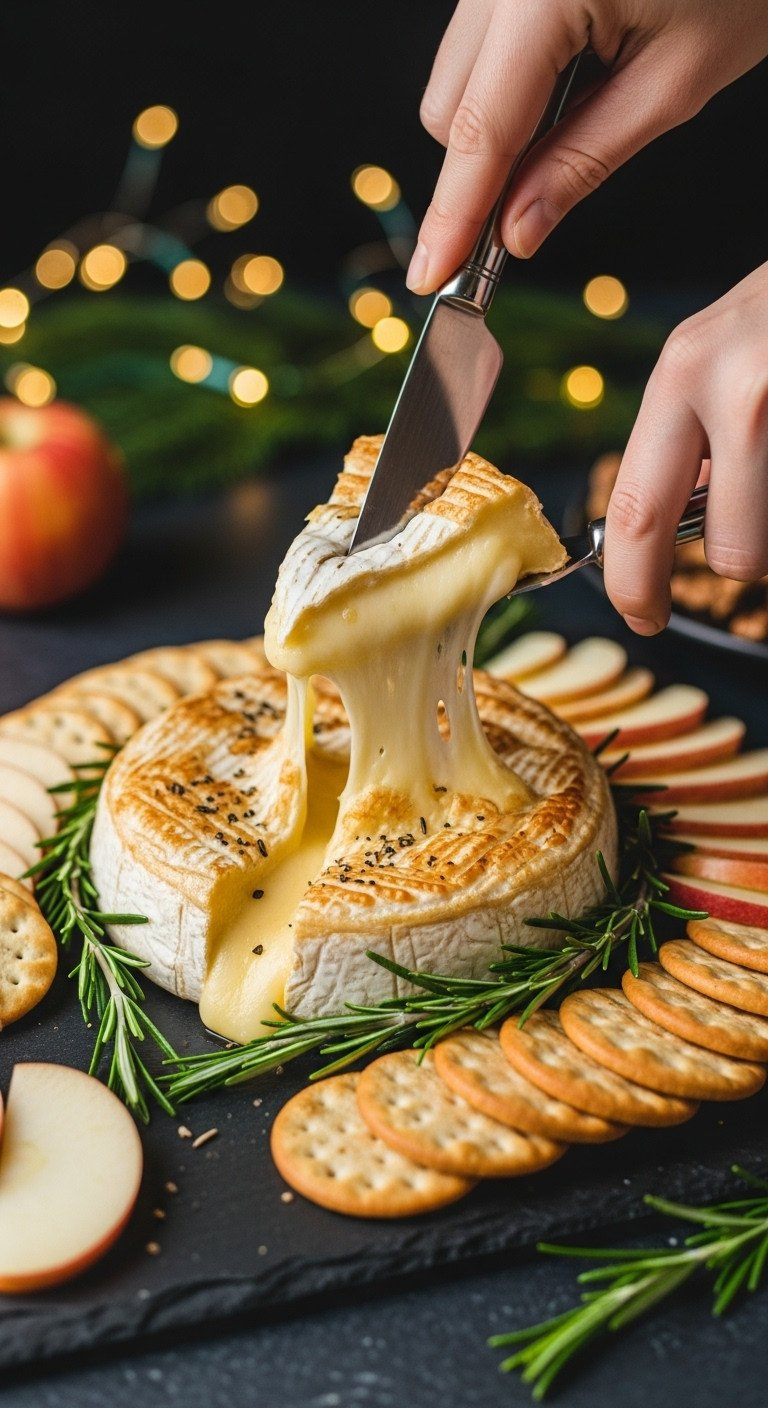 Exciting Cheese Pull Moment: Knife Cuts Baked Brie En Croûte, Revealing Gooey Melted Cheese, With Crackers And Apples.