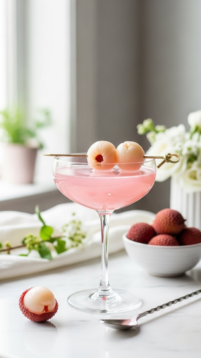 Exotic Pale Pink Lychee Sparkling Mocktail In Delicate Coupe Glass With Skewered Lychees On Marble Surface