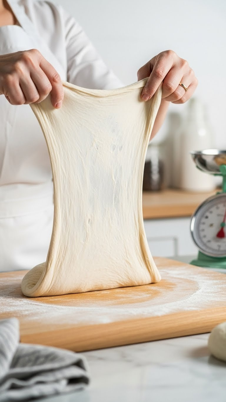 Experienced Baker Stretching Elastic Dough For Windowpane Test, Assessing Gluten Development On A Clean Marble Countertop. Baking.