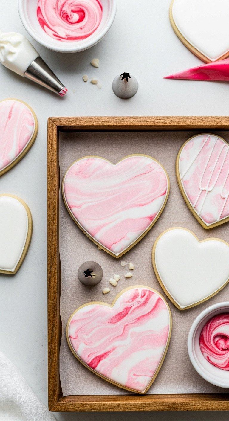 Expertly Decorated White/Pink Heart Cookies With Glossy Royal Icing, Marbling, Fine Detail, Wood Tray, Bright Light.