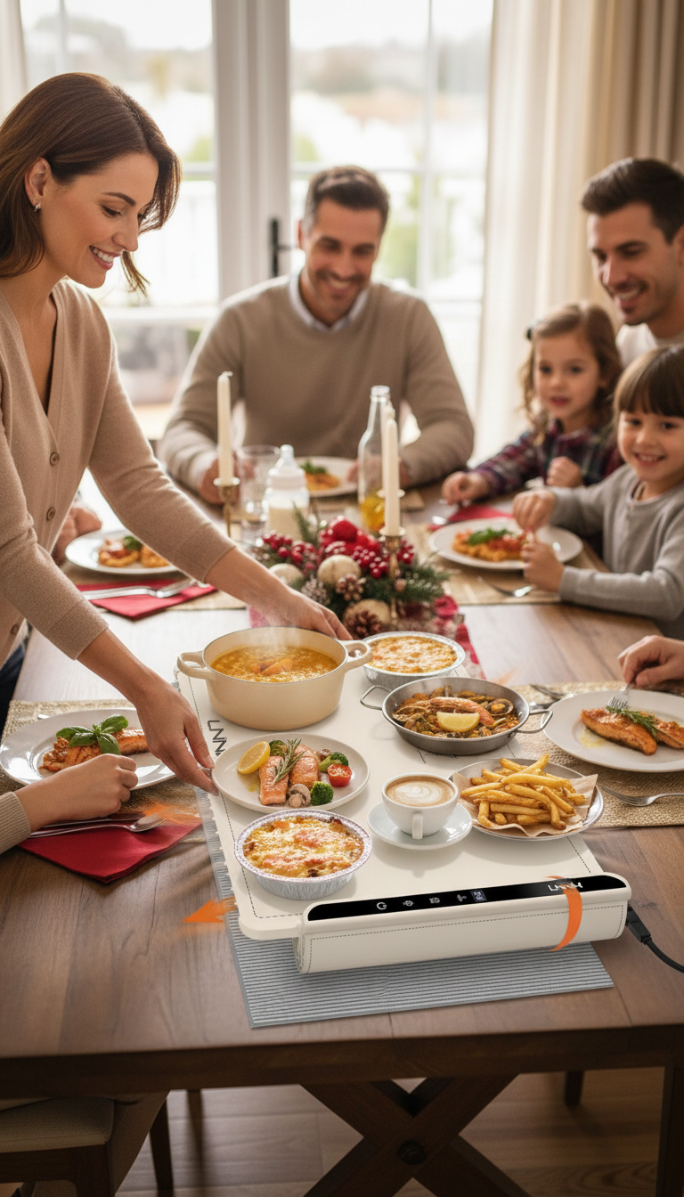 A Photo Showing The Warming Mat Testing Setup On A Kitchen Counter With Several Dishes, An Infrared Thermometer, And A Notepad.