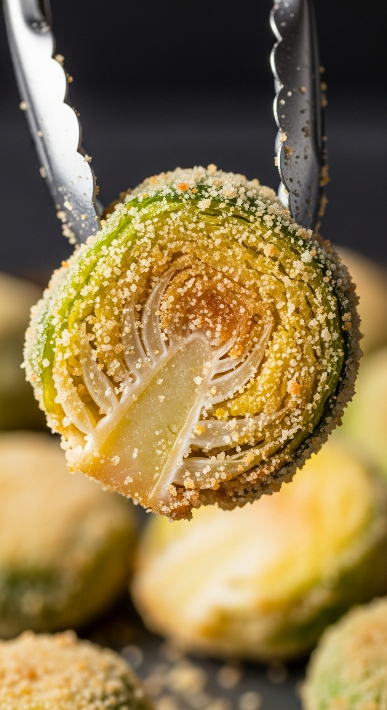 Extra Crispy Air Fryer Brussels Sprout With Cornstarch Coating Held By Tongs Showcasing Its Crunchy Texture