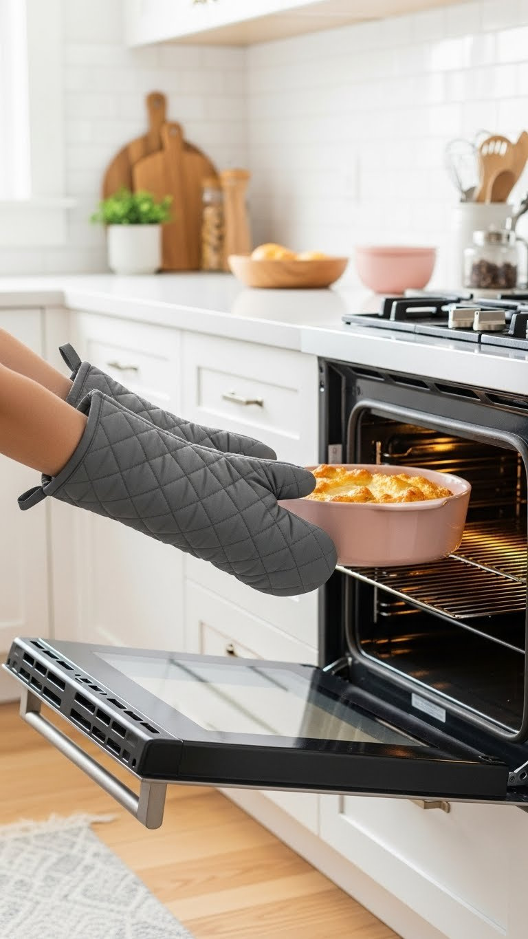 Extra Long Charcoal Gray Quilted Oven Mitts Protecting Forearms While Lifting Bubbling Casserole From Deep Oven