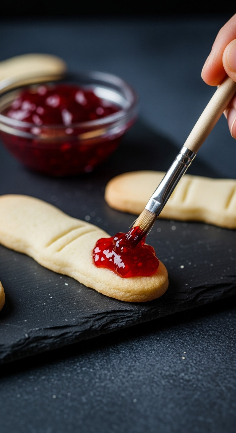 Extreme Close-Up Of A Baked Witch Finger Cookie Being Dabbed With Vibrant, Glistening Raspberry Jam Using A Brush.
