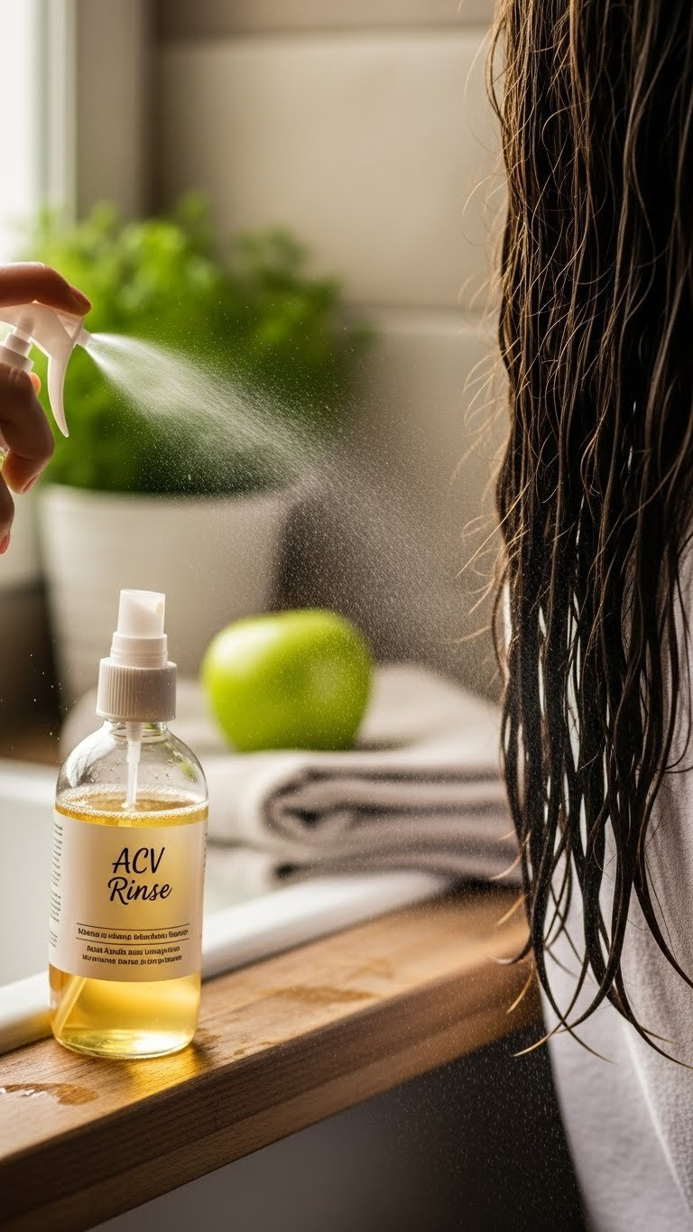 Eye-Level Close-Up Of Acv Rinse Spray Bottle Misting Wet Shiny Hair With Visible Droplets For Ph Balance