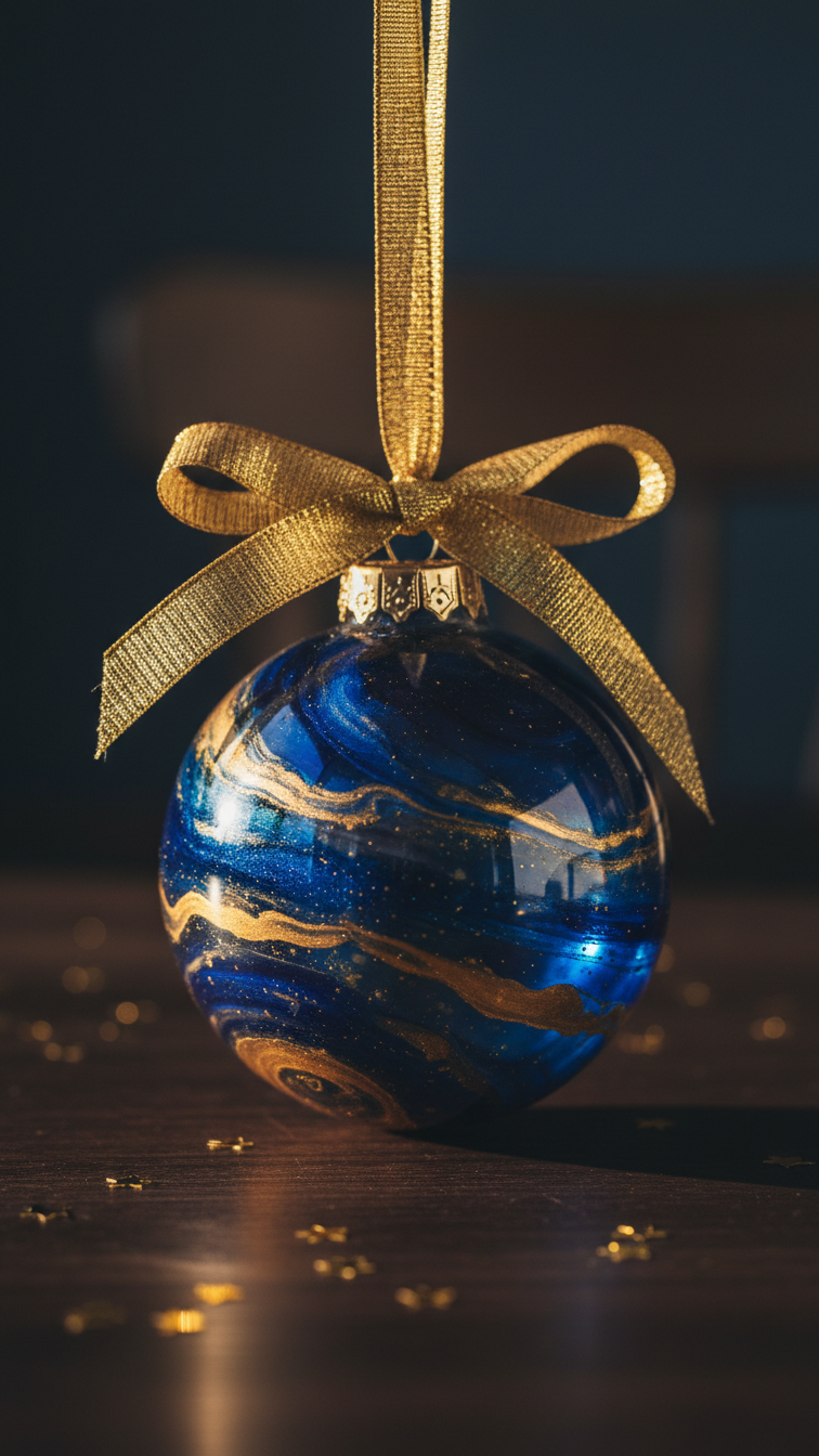 Eye-Level Close-Up Of Diy Starry Night Ornament Hanging From Gold Ribbon With Royal Blue Base Swirled With Metallic Gold Paint Evoking Starry Night.