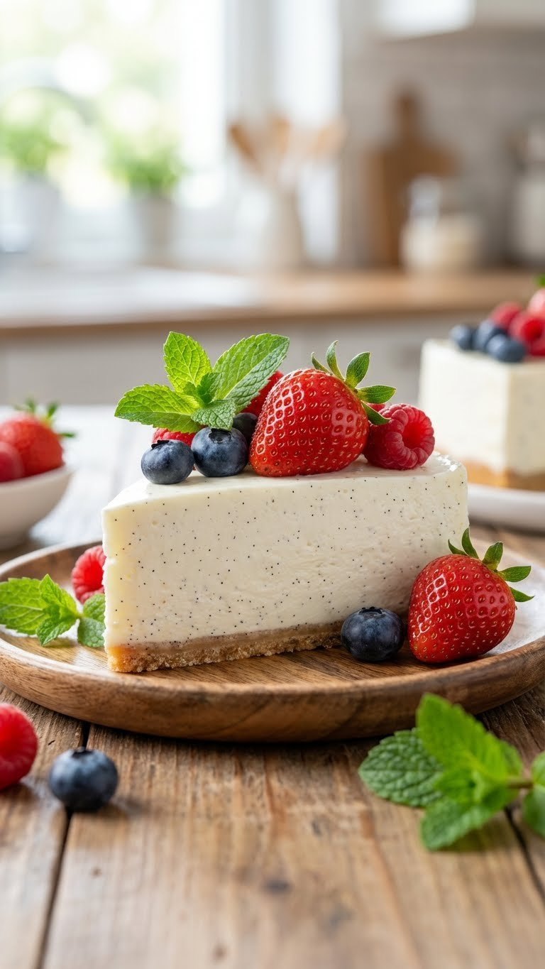 Eye-Level Close-Up Of A Light No-Bake Vanilla Bean Cheesecake Slice With Creamy Filling, Vanilla Specks, Fresh Berries, And Mint On A Rustic Wooden Table.