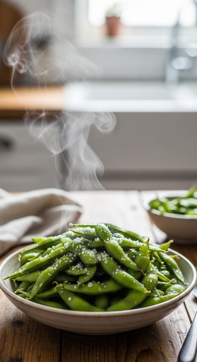Eye-Level Close-Up Of A Rustic Ceramic Bowl Of Steaming Boiled Edamame Pods, Sprinkled With Flaky Sea Salt On A Wooden Table.
