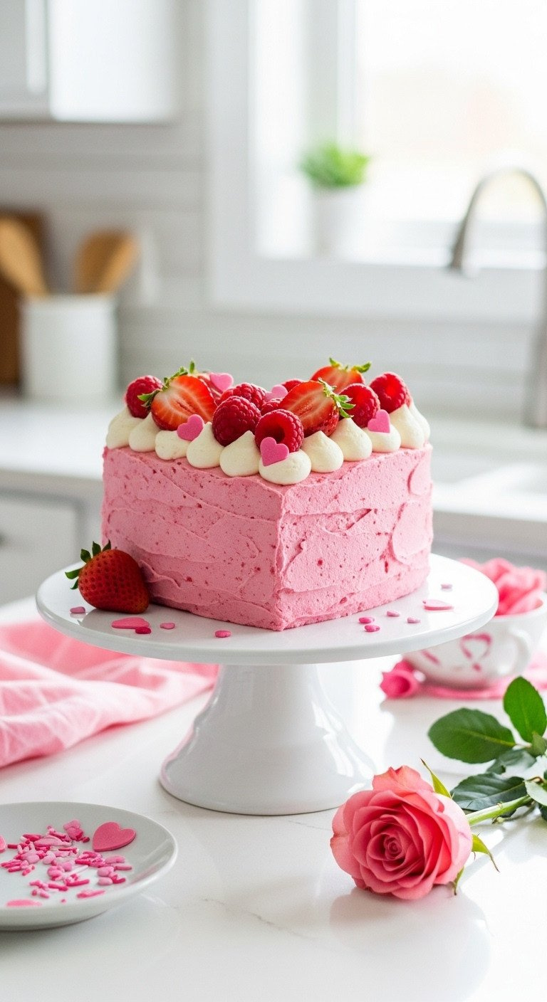 Eye-Level Close-Up Of A Vibrant Pink Strawberry Heart Cake With Fluffy Cream Cheese Frosting, Garnished With Fresh Berries And Pink Sprinkles On A White Stand.