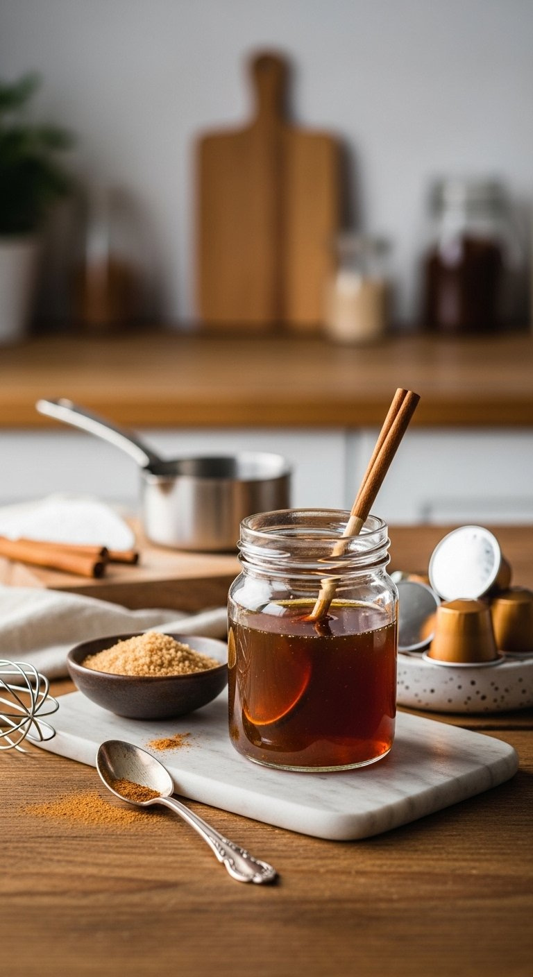 Eye-Level Close-Up Of Amber Brown Sugar Syrup In A Glass Jar With Cinnamon And Sugar On A Rustic Wooden Table.