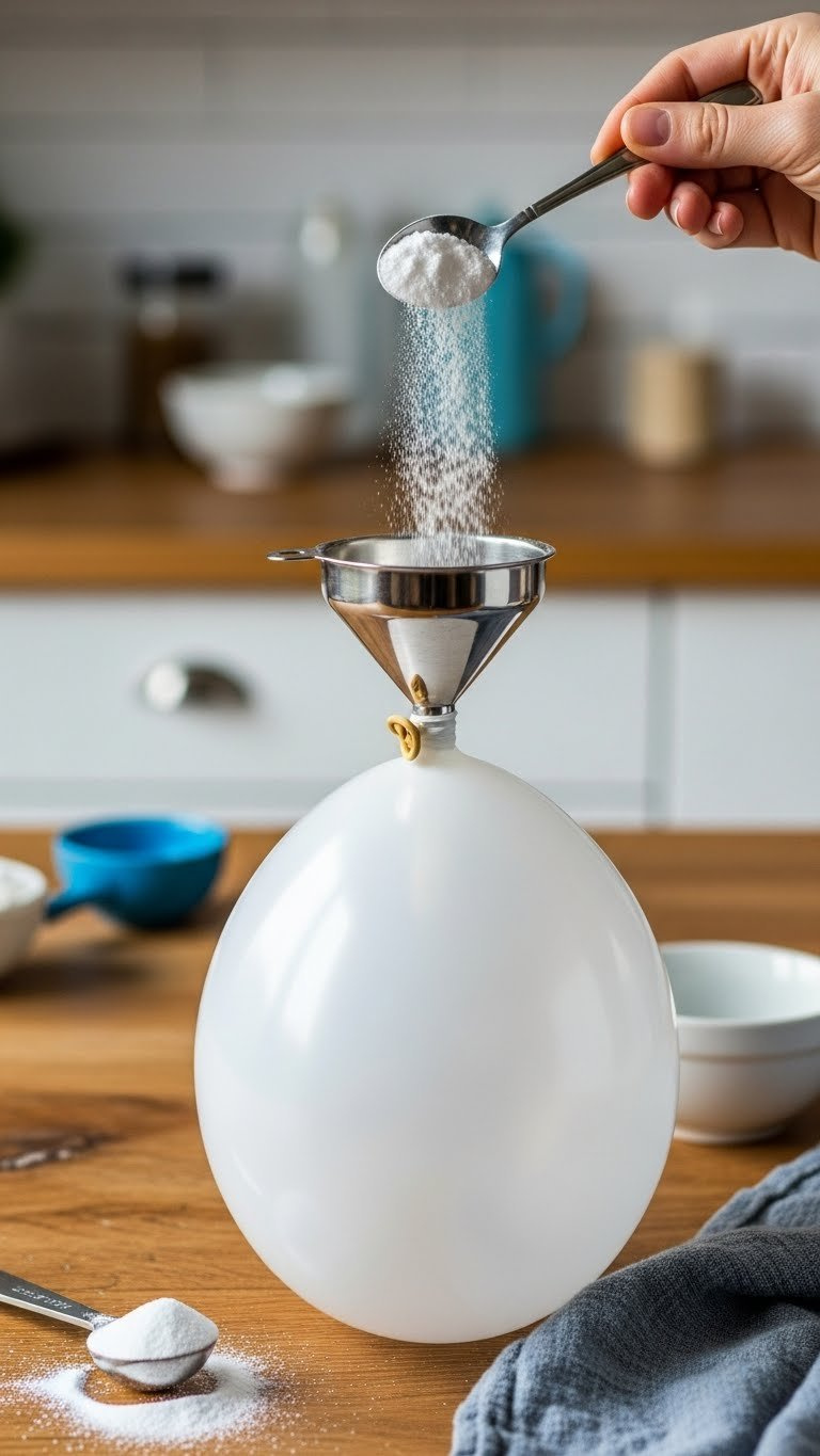 Eye-Level Close-Up Of Baking Soda Being Transferred Through Funnel Into Latex Balloon Held Over Rustic Wooden Table