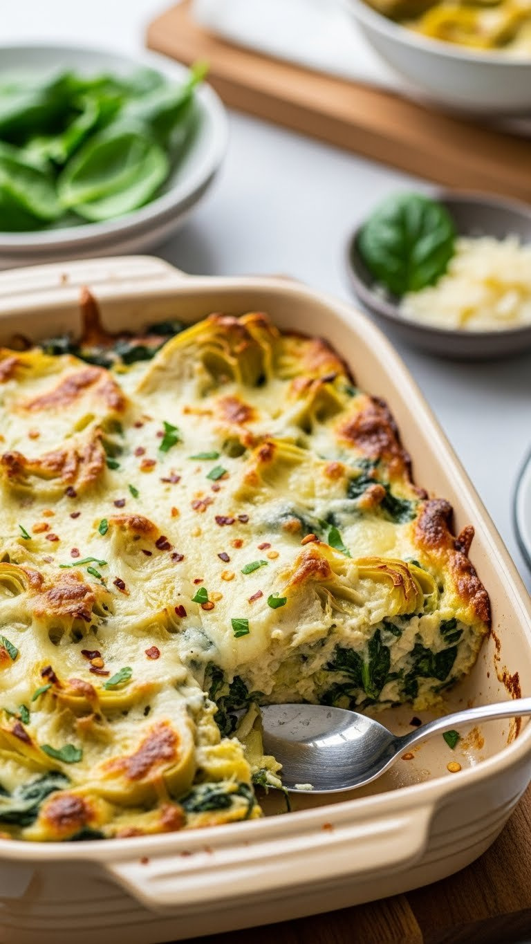 Eye-Level Close-Up Of Cheesy Spinach Artichoke Bake With Melted Cheese Topping In Ceramic Dish
