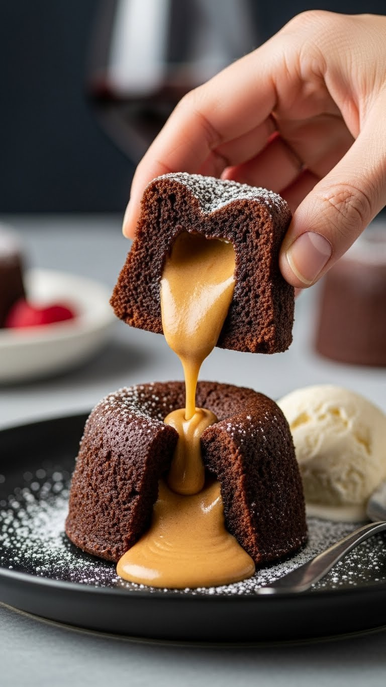 Eye-Level Close-Up Of Chocolate Peanut Butter Lava Cake With Flowing Peanut Butter Filling, Ice Cream, Decadent Dessert.