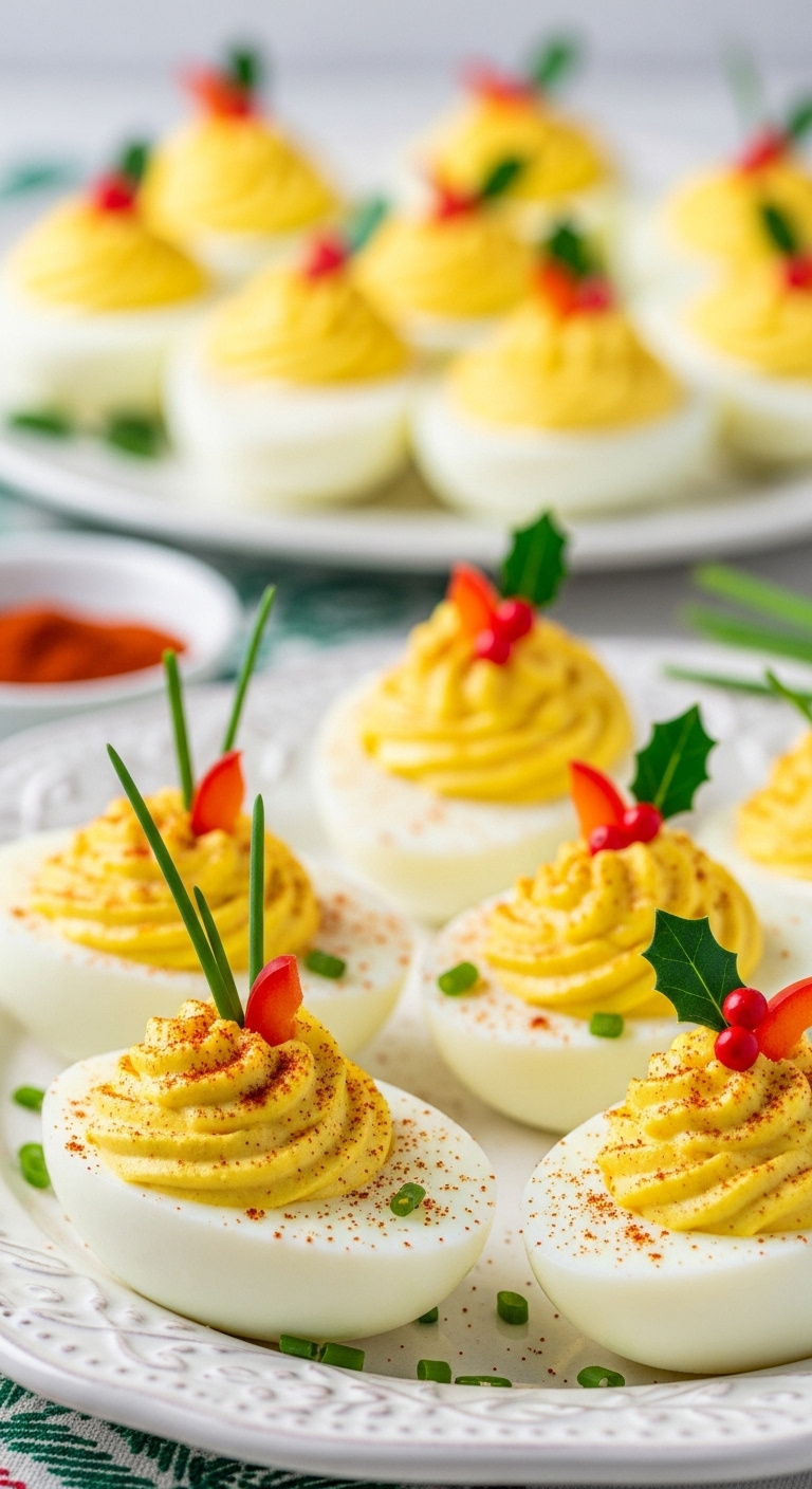 Eye-Level Close-Up Of Classic Deviled Eggs With Festive Holly Garnish On A Vintage White Ceramic Platter With Paprika And Chives