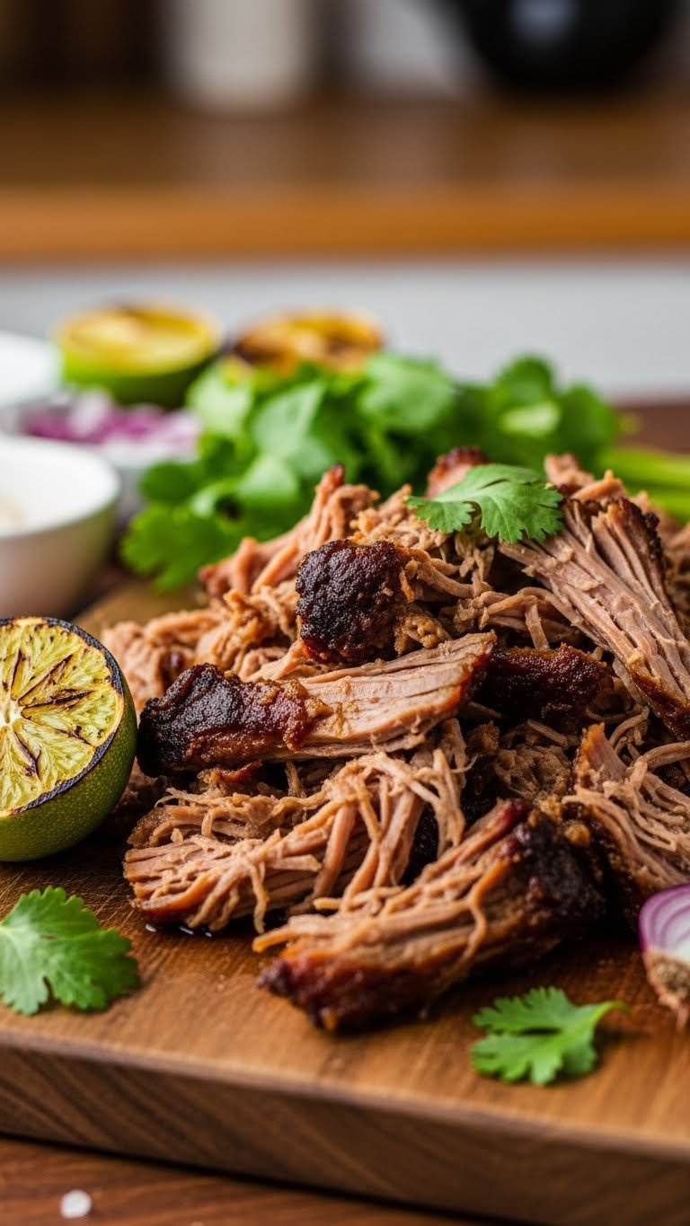 Eye-Level Close-Up Of Crispy-Edged Shredded Keto Pork Carnitas With Lime And Cilantro On A Rustic Wooden Serving Board.