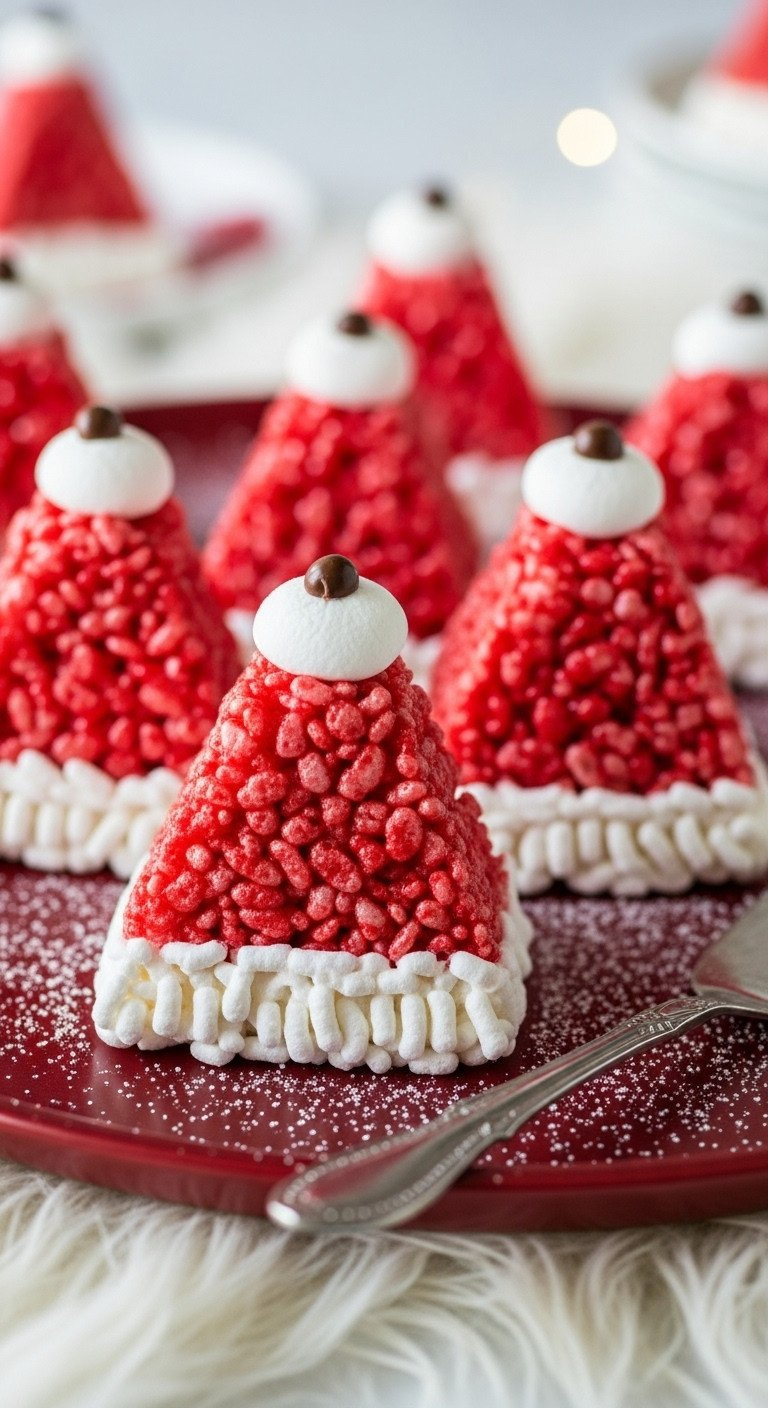 Eye-Level Close-Up Of Festive Red &Amp; White Santa Hat Rice Krispie Treats With Marshmallow Trim On A Red Platter.