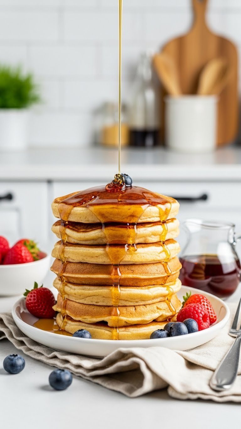 Eye-Level Close-Up Of Fluffy Pancake Stack With Maple Syrup, Fresh Berries, On White Plate, Bright Daylight, Kitchen Background.