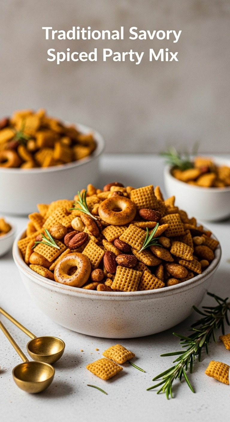 Eye-Level Close-Up Of Golden-Brown Traditional Savory Spiced Party Chex Mix With Bagel Chips &Amp; Nuts In A Vintage Ceramic Bowl.
