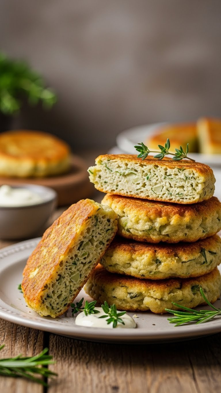 Eye-Level Close-Up Of Golden-Brown Savory Vegetable Fritters With Fresh Herbs, Sauce, On Plate, Rustic Kitchen, Golden Hour Light.