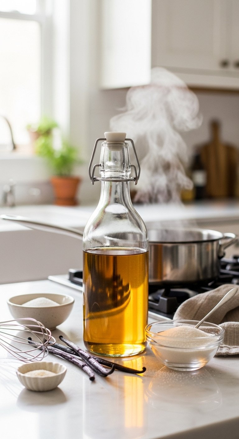 Eye-Level Close-Up Of Golden Vanilla Syrup In A Glass Bottle Surrounded By Vanilla Beans And Sugar On A Marble Countertop.