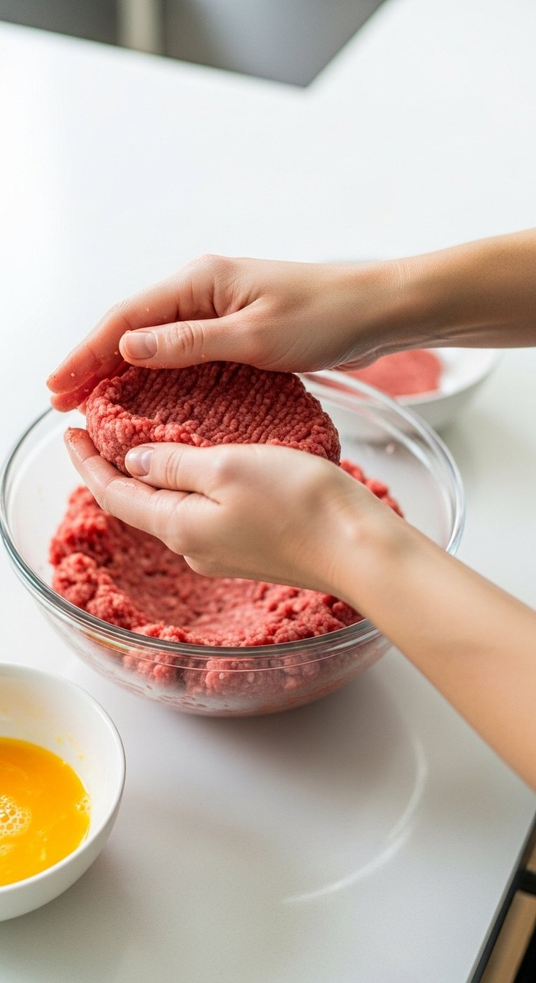 Eye-Level Close-Up Of Hands Gently Molding A Ground Beef Patty Into A Firm Oval Shape.