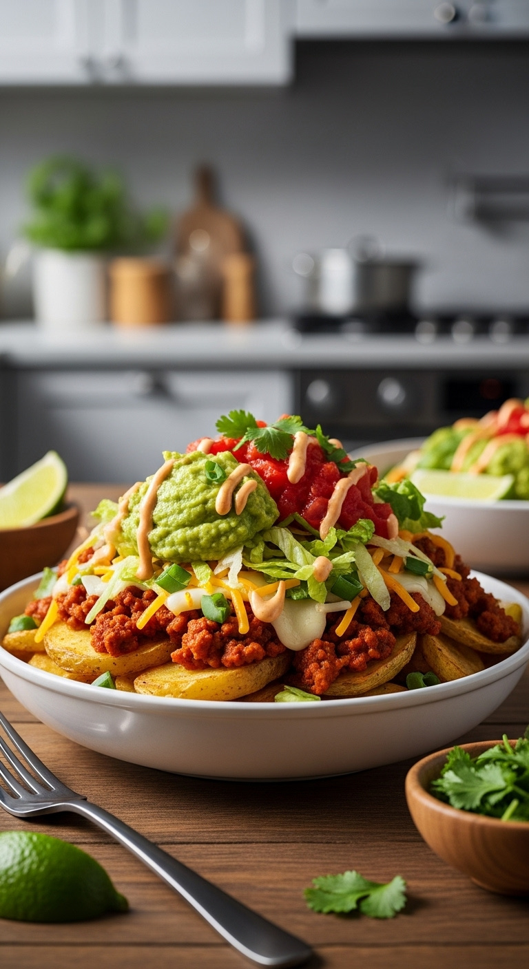 Eye Level Close Up Of Loaded Crispy Potato Taco Bowl With Meat Cheese Guacamole Salsa Lettuce Cilantro On Wood Table With Fork And Lime