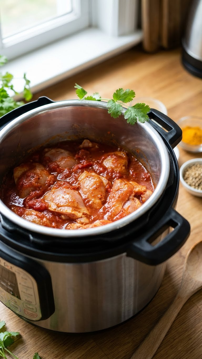 Eye-Level Close-Up Of Marinated Chicken And Rich Tomato-Spice Sauce Inside An Open Instant Pot, Ready For Cooking.