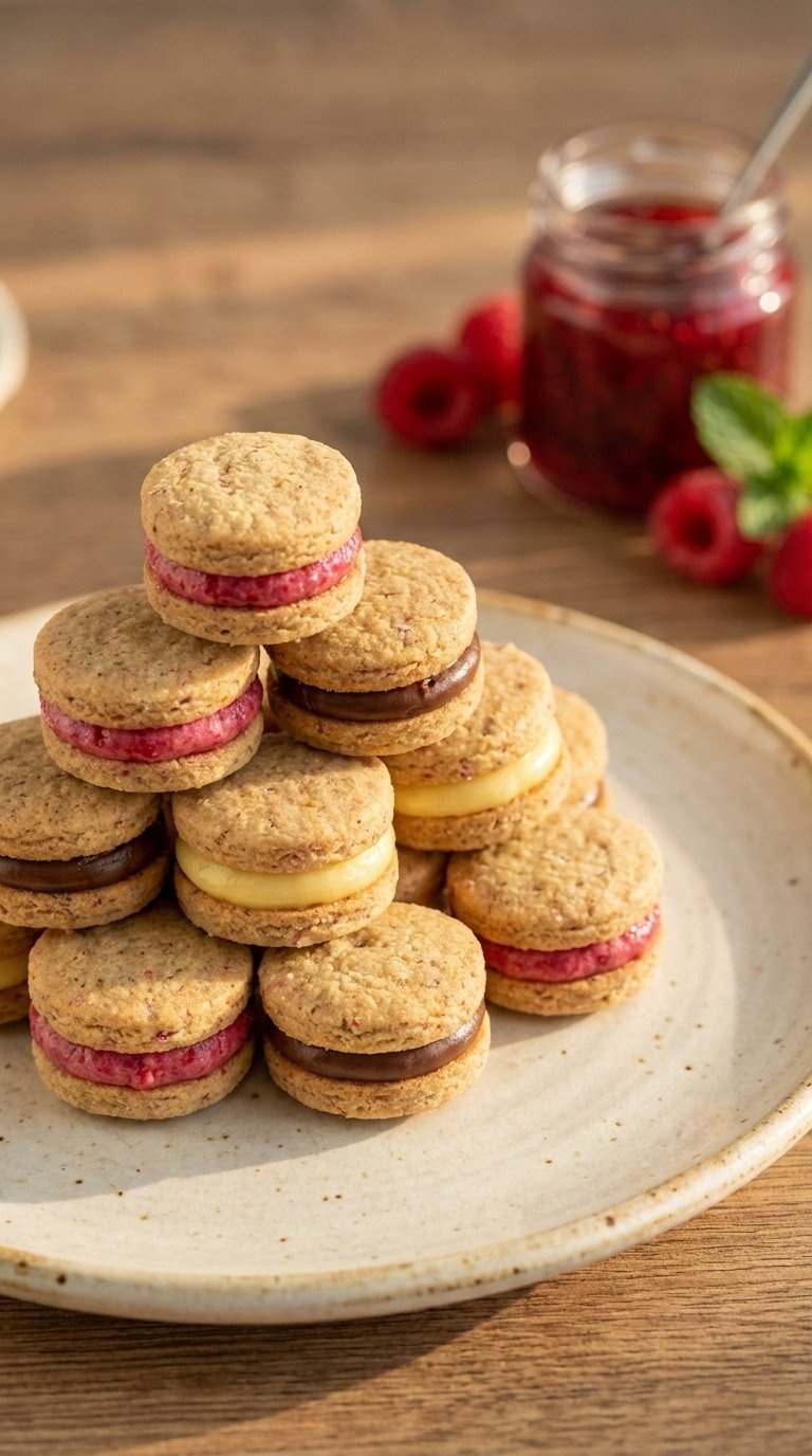 Eye-Level Close-Up Of Miniature Sandwich Cookies With Vibrant Fillings Stacked On Vintage Ceramic Plate With Golden Hour Lighting