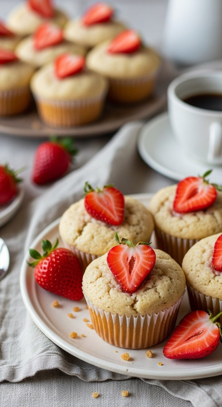 Eye-Level Close-Up Of Moist Strawberry Rose Muffins Topped With Heart Strawberry Slices, On A Vintage Plate With Coffee.