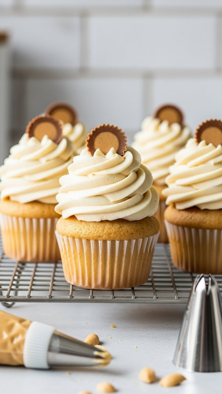 Eye-Level Close-Up Of Peanut Butter Cupcakes With Fluffy Buttercream Frosting, Mini Peanut Butter Cup, Elegant Dessert.