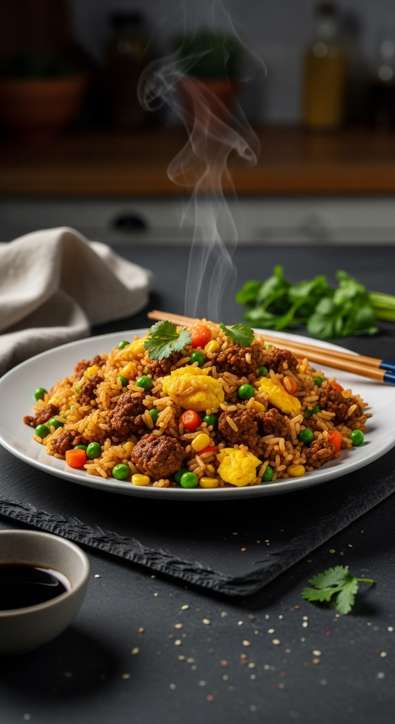 Eye Level Close Up Of Quick And Easy Ground Beef Fried Rice With Mixed Vegetables And Egg On White Plate With Chopsticks And Soy Sauce