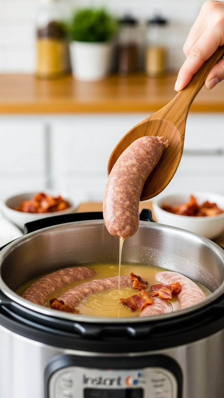 Eye-Level Close-Up Of Raw Italian Sausage Browning In An Instant Pot With Crispy Bacon Bits, A Wooden Spoon, And Uncooked Bacon.