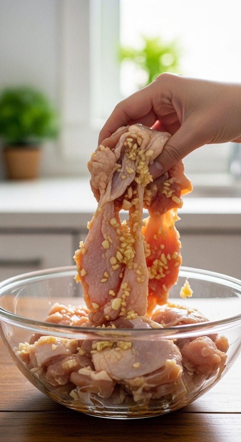 Eye-Level Close-Up Of Raw Chicken Pieces Marinating With Garlic And Ginger In A Glass Bowl.